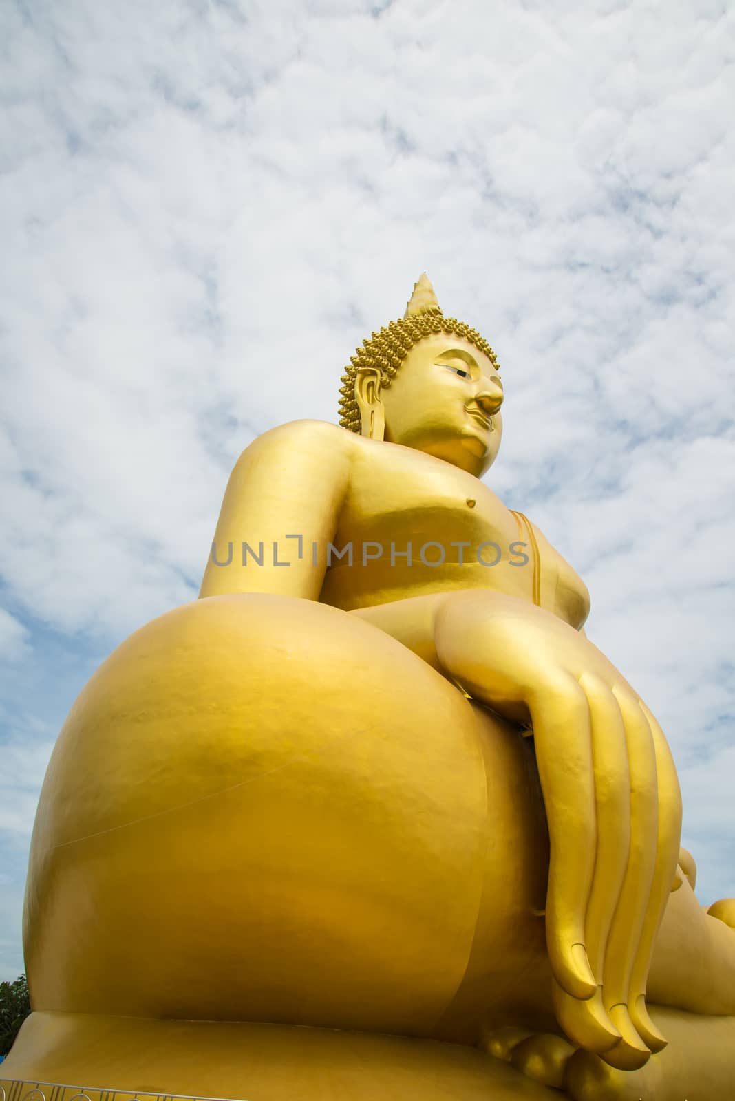 A big Buddha statue in the temple of Thailand.