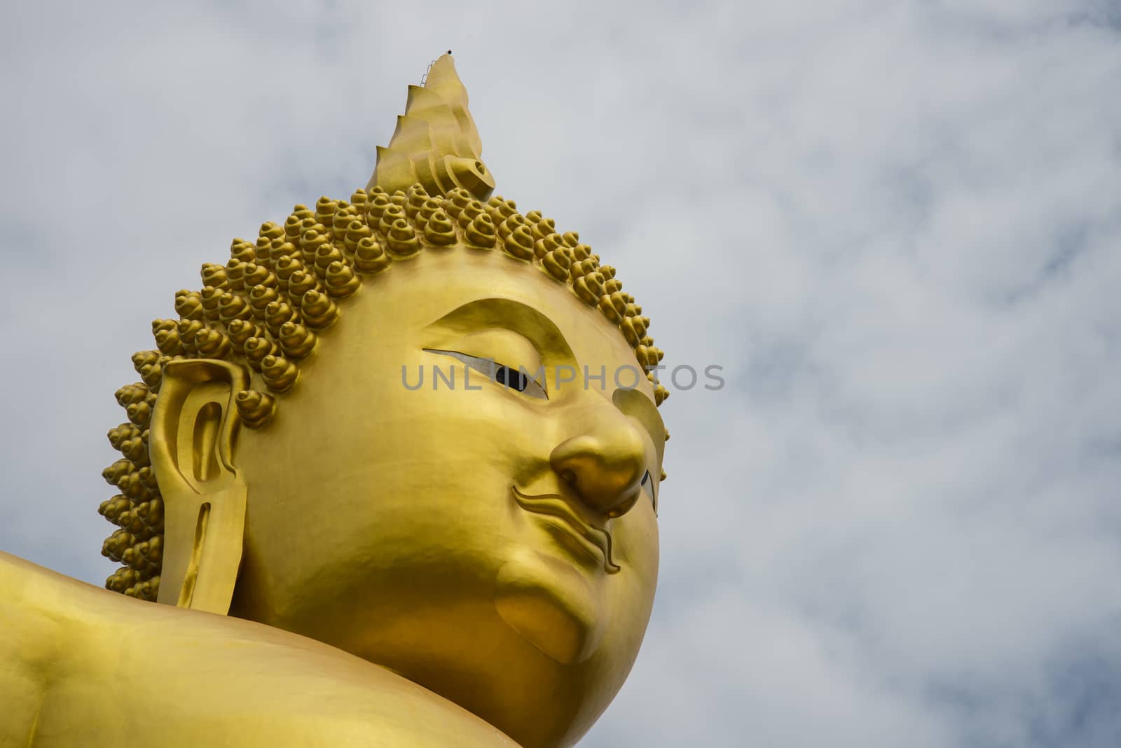 A big Buddha statue in the temple of Thailand.