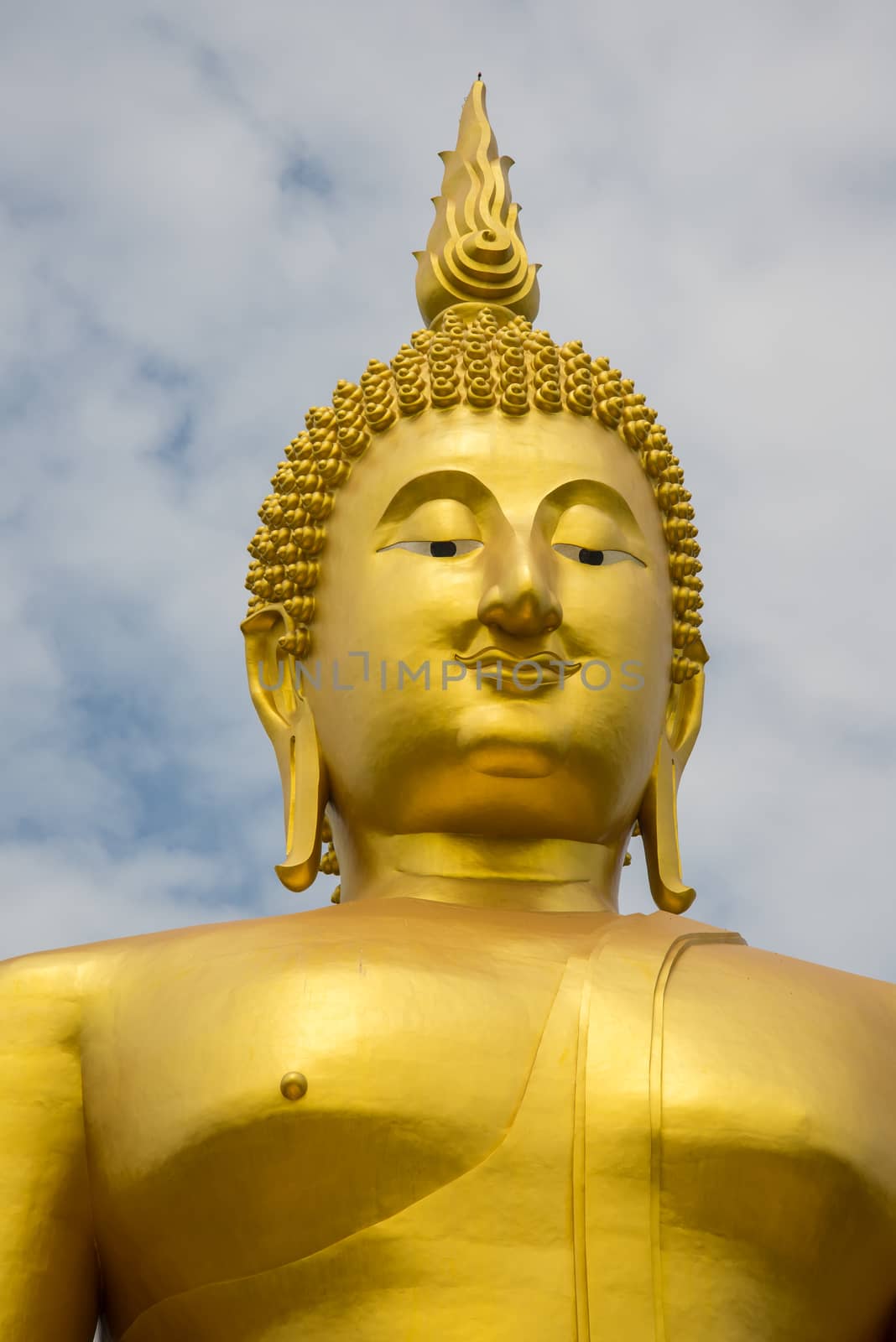 A big Buddha statue in the temple of Thailand.