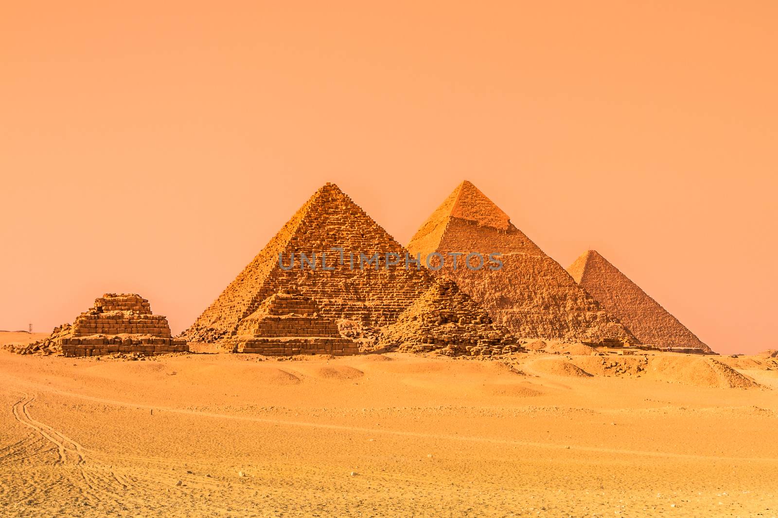 The pyramids of Giza, Cairo, Egypt. Oldest of the Seven Wonders of the Ancient World and the only one to remain largely intact 