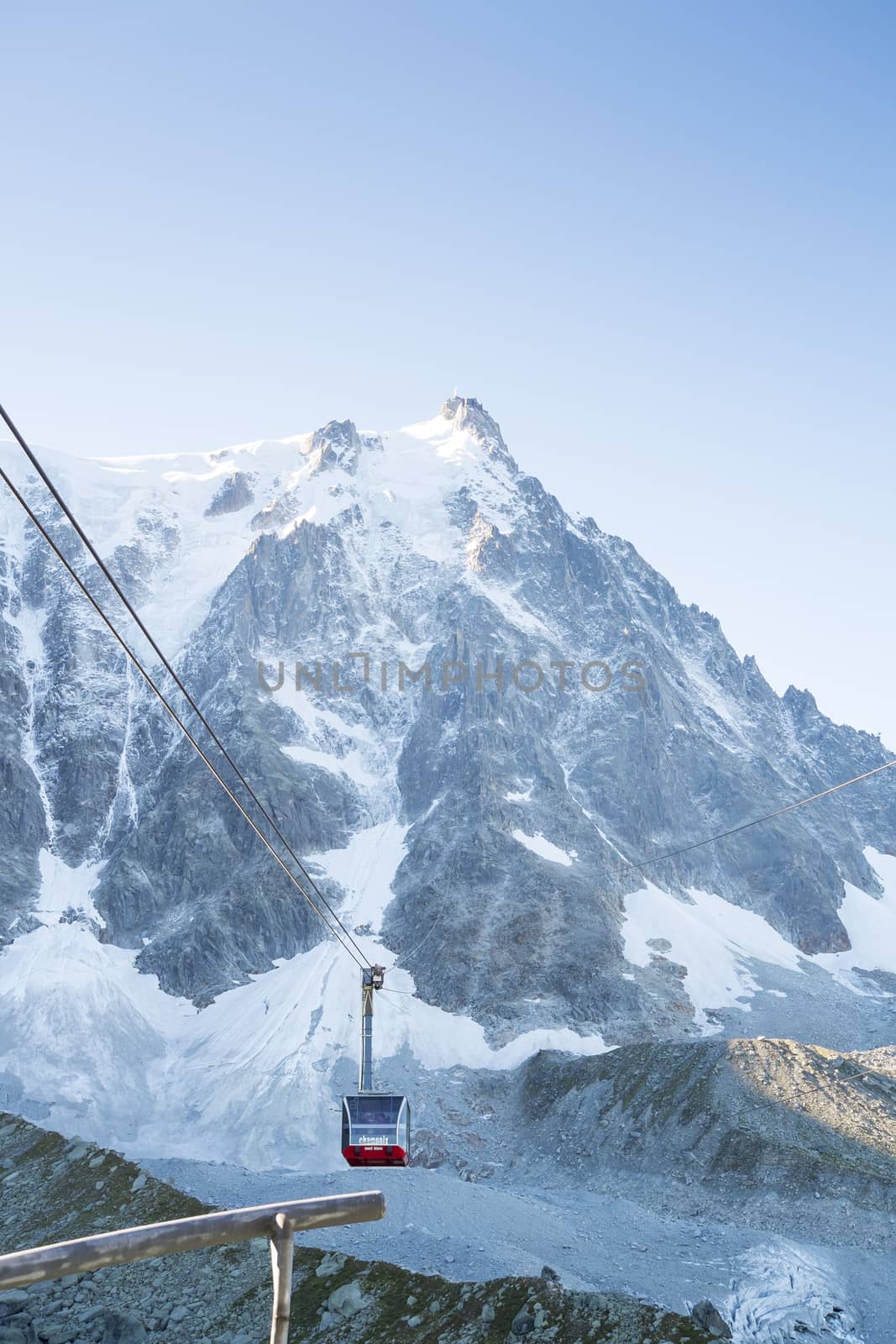 CHAMONIX, FRANCE - SEPTEMBER 02: Aiguille du Midi cable car. The cable car is the highest in Europe, and offers close views of the Mont Blanc summit. September 02, 2014 in Chamonix.