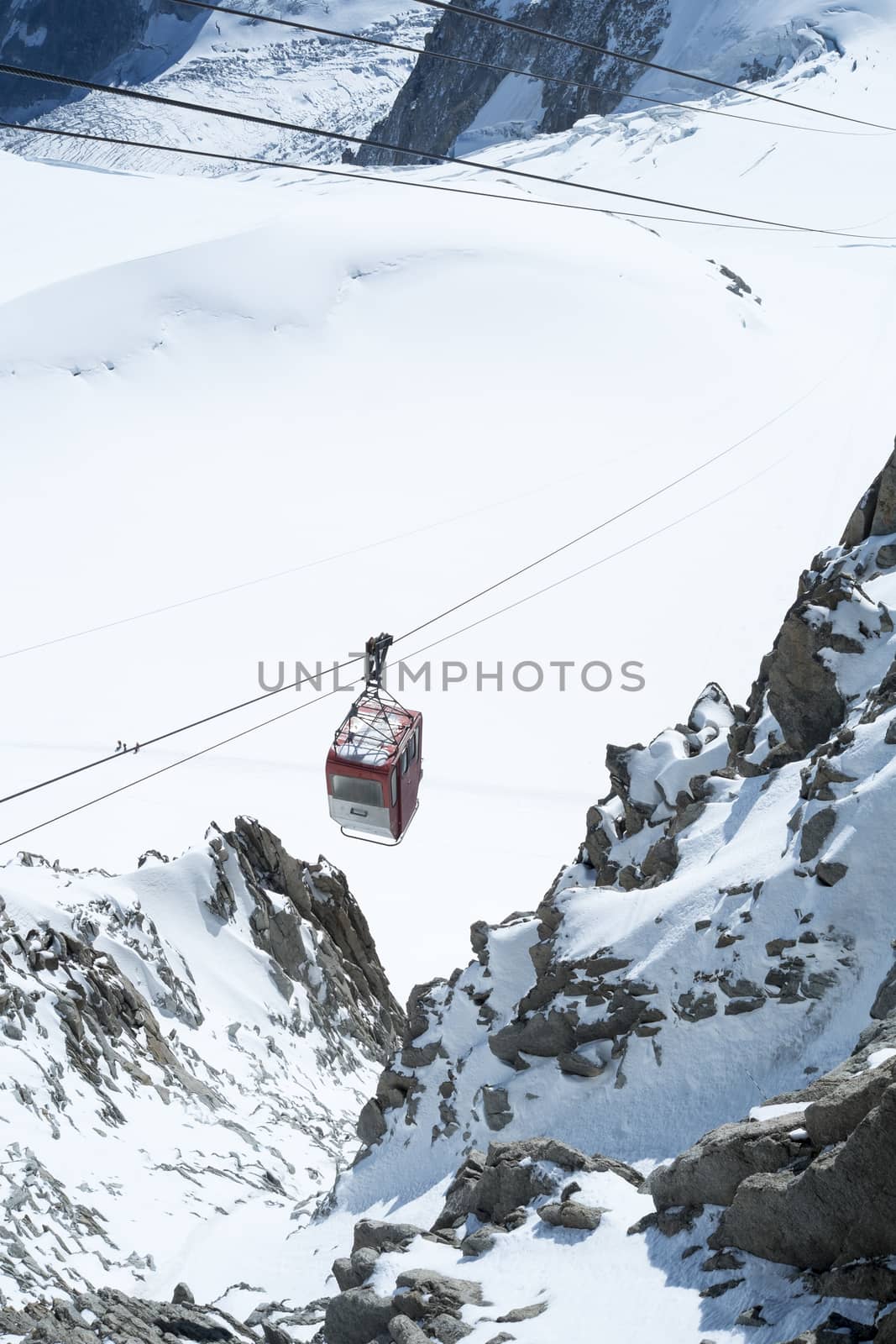 CHAMONIX, FRANCE - SEPTEMBER 02: Aiguille du Midi cable car. The cable car is the highest in Europe, and offers close views of the Mont Blanc summit. September 02, 2014 in Chamonix.