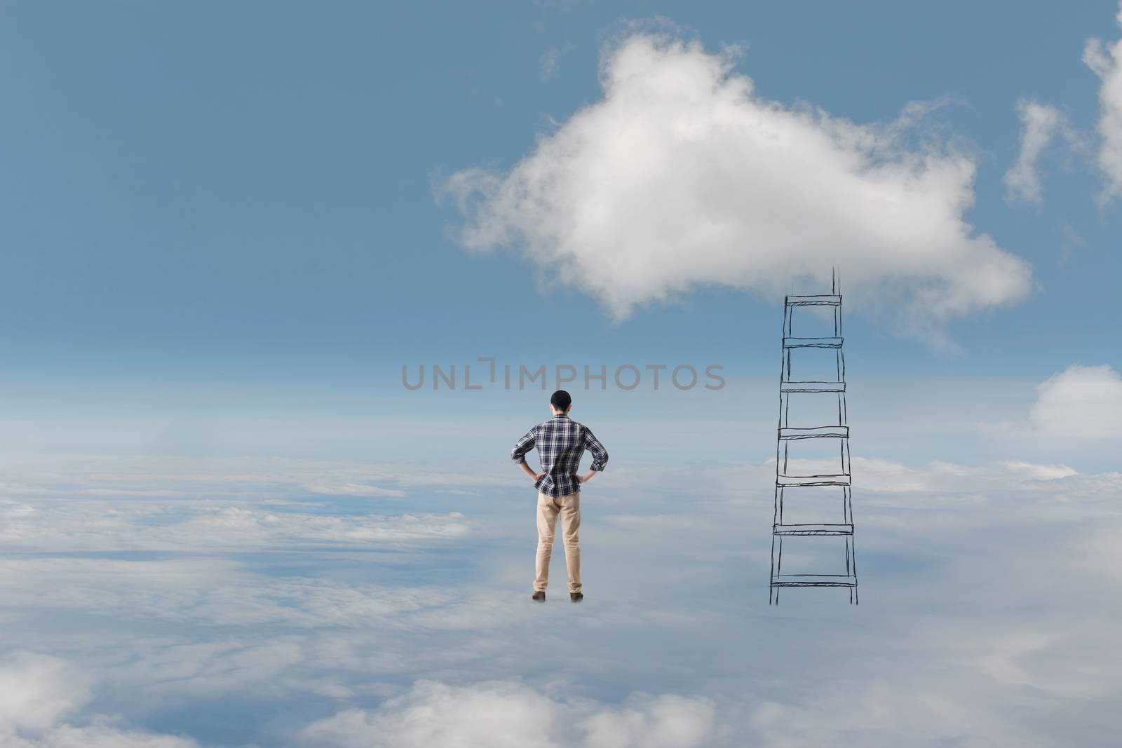 Concept of access to clouds with man and a stair.