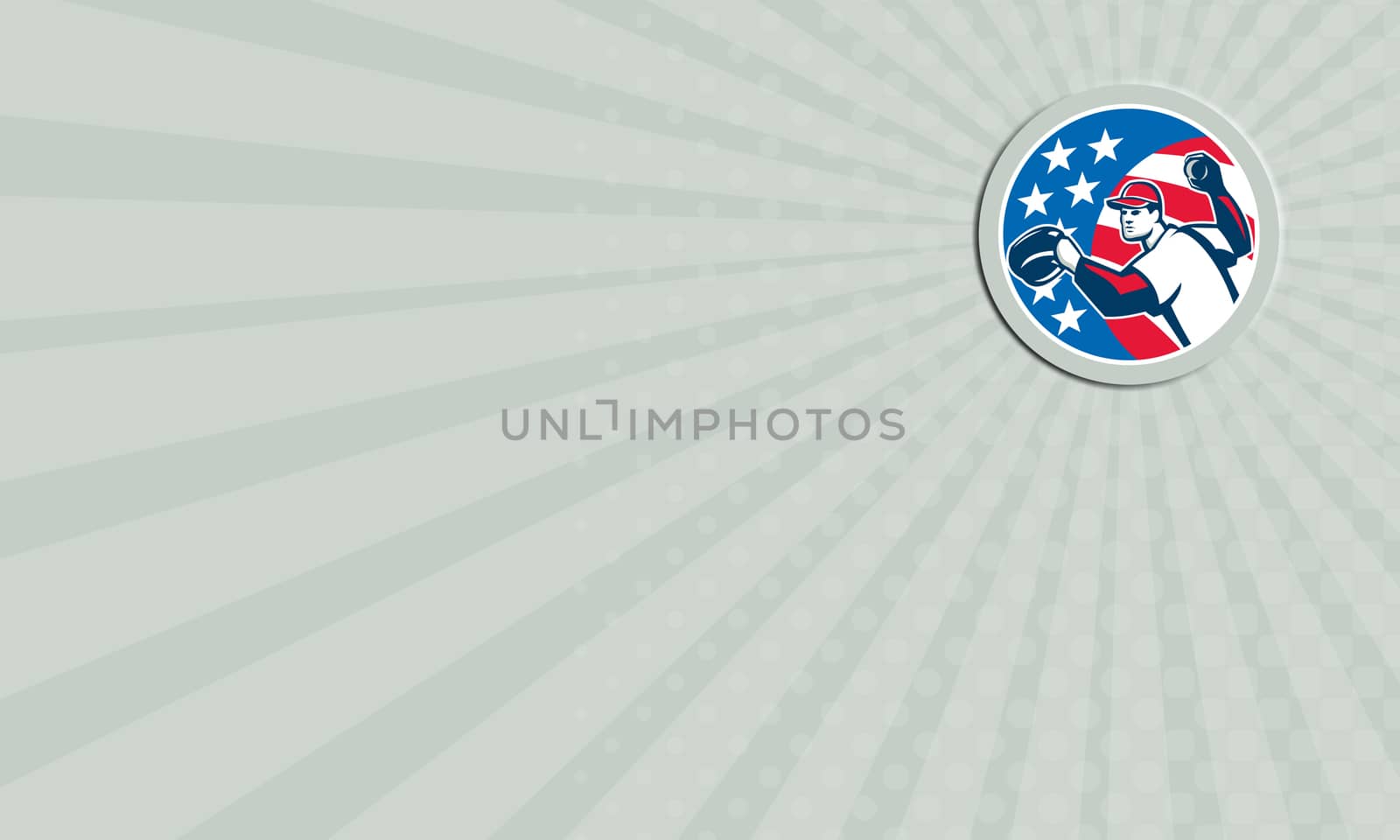 Business card showing illustration of a american baseball player pitcher outfilelder throwing ball set inside circle with stars and stripes in the background done in retro style. 