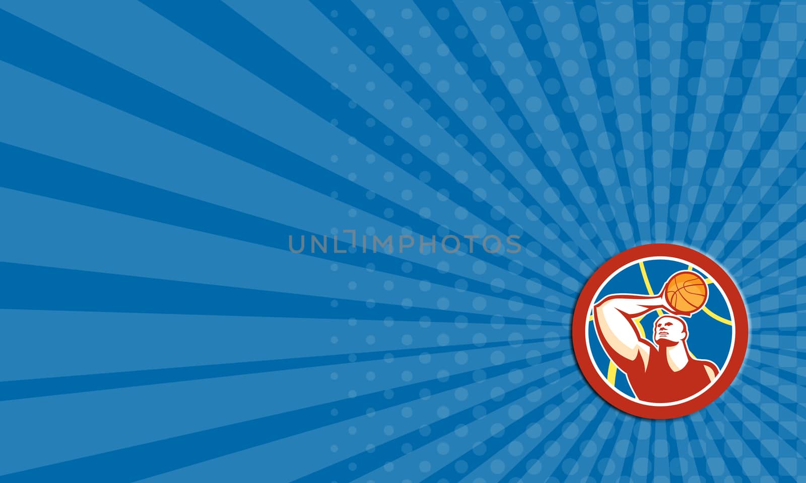 Business card showing illustration of a basketball player shooting ball over head set inside circle with giant ball in the background done in retro style. 