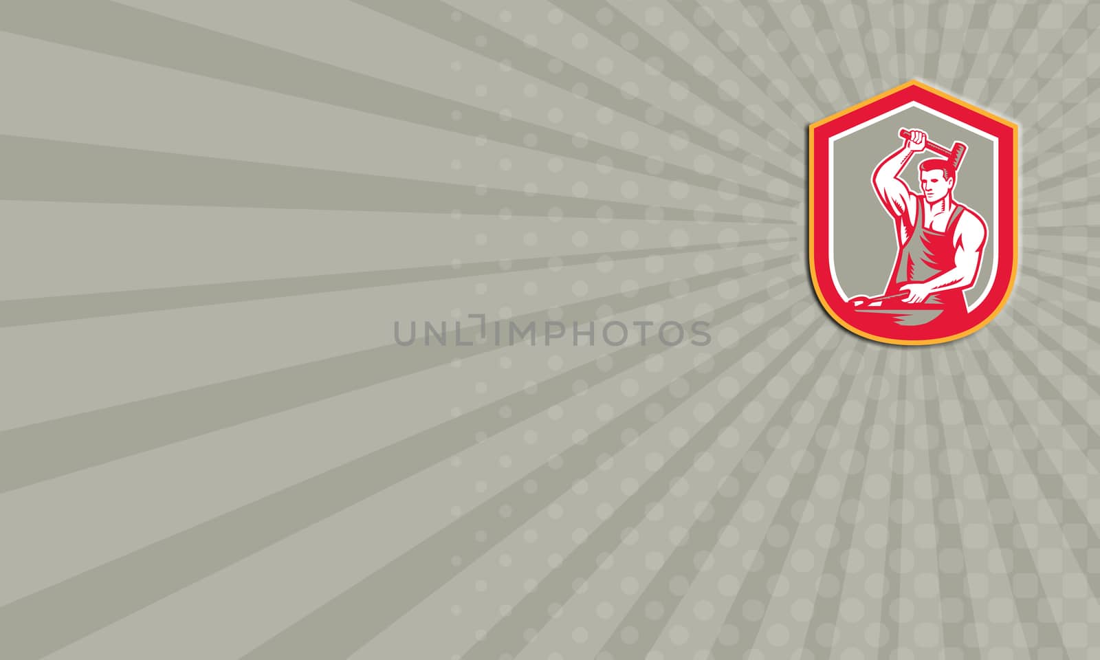 Business card showing illustration of a blacksmith striking hammering pliers with sledgehammer set inside shield crest on isolated background done in retro style.