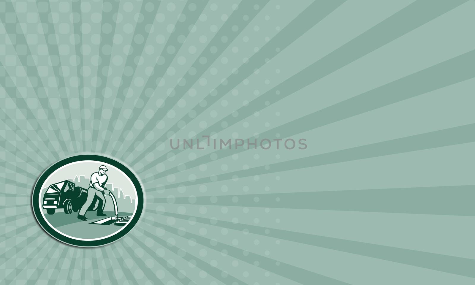 Business card showing illustration of a drainage drain surgeon unblocker worker unblocking hose into manhole with drainage truck hydro unit in background set inside oval done in retro style.