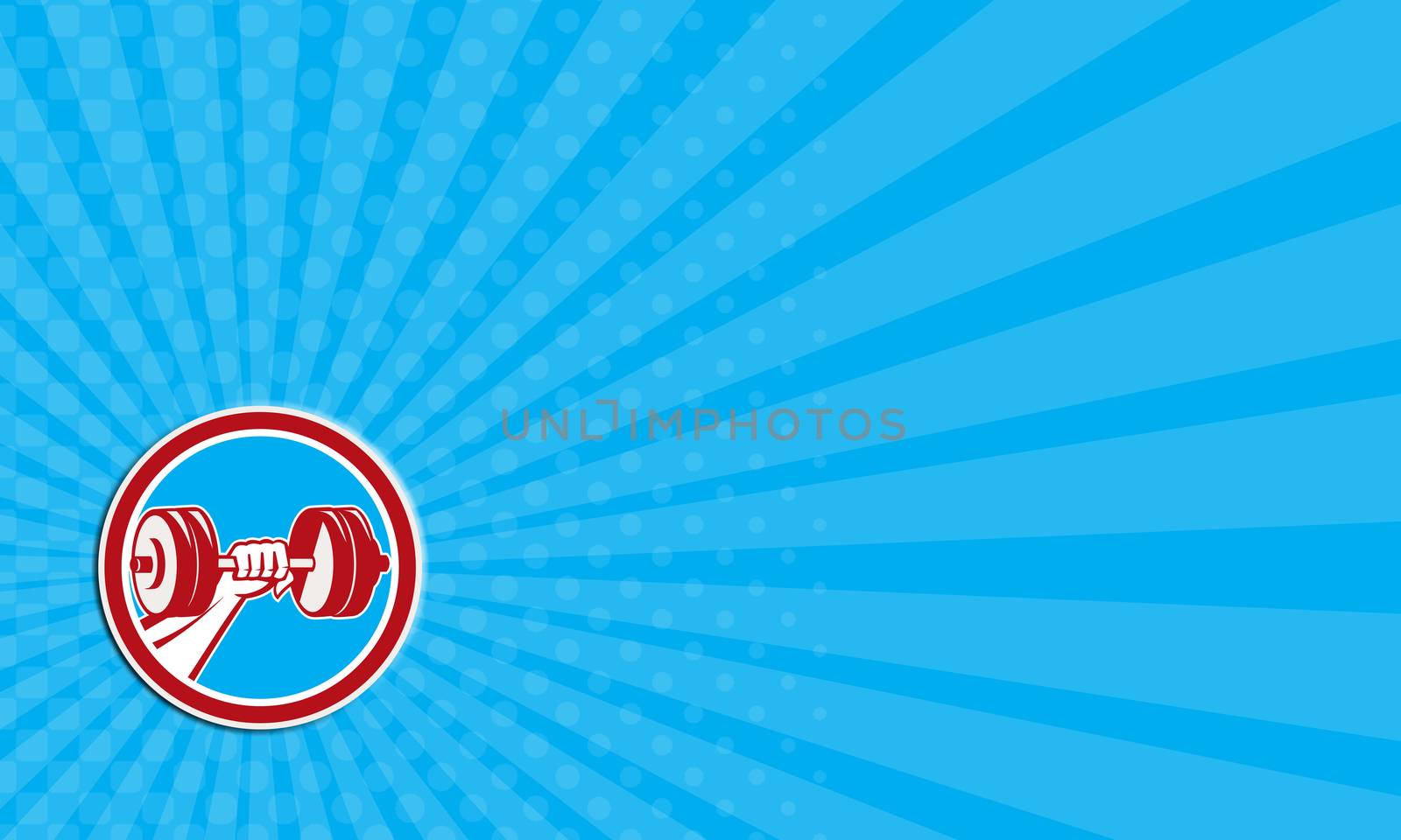 Business card showing illustration of a hand fist lifting dumbbell weight training viewed from the front set inside circle done in retro style.
