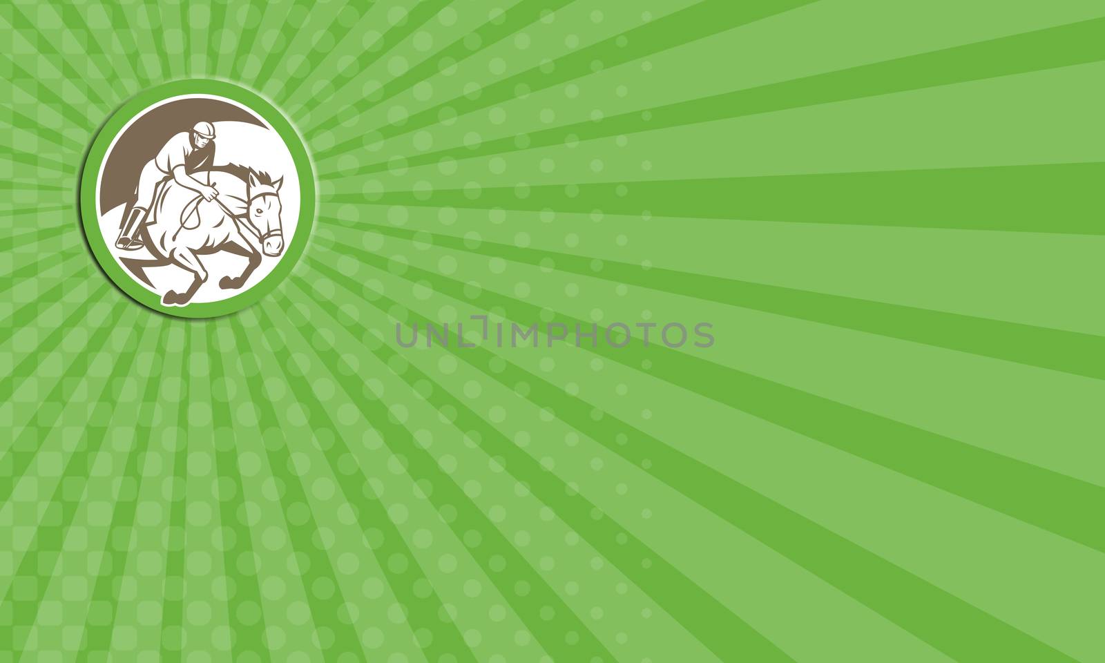 Business card showing illustration of a horse and jockey equestrian show jumping set inside circle done in retro style.
