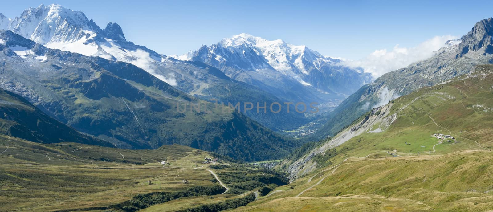 French countryside with Mont Blanc mountain range in the background