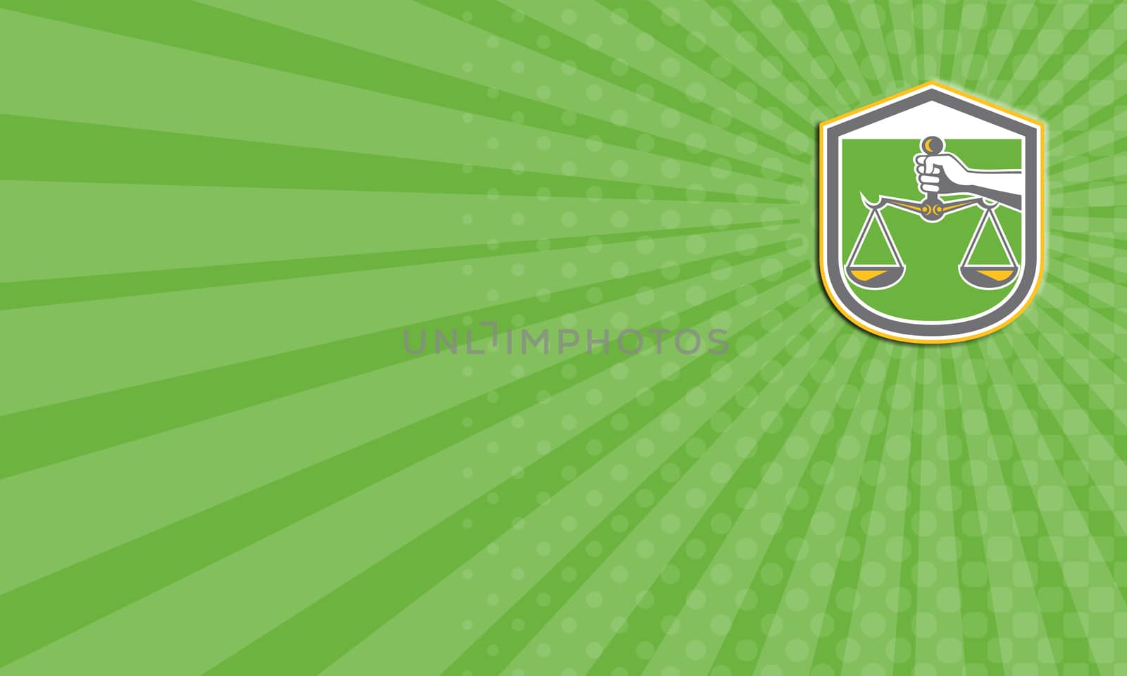 Business card showing illustration of a hand holding scales of justice set inside shield crest done in retro style.