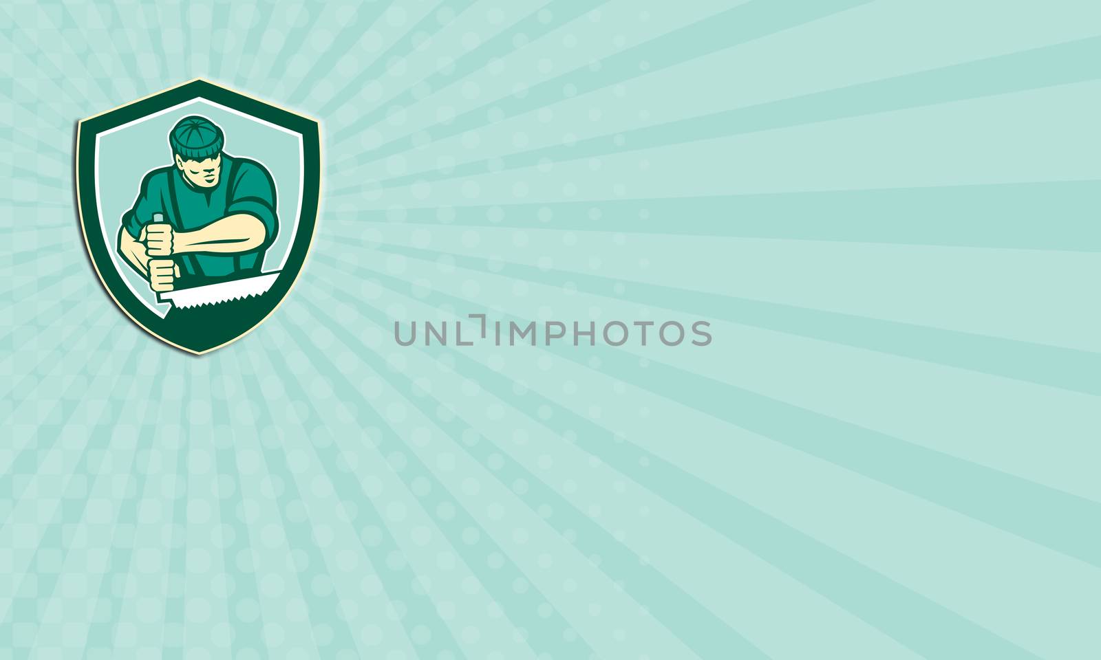 Business card showing illustration of lumberjack arborist tree surgeon sawing using crosscut saw set inside shield crest shape on isolated white background done in retro style.
