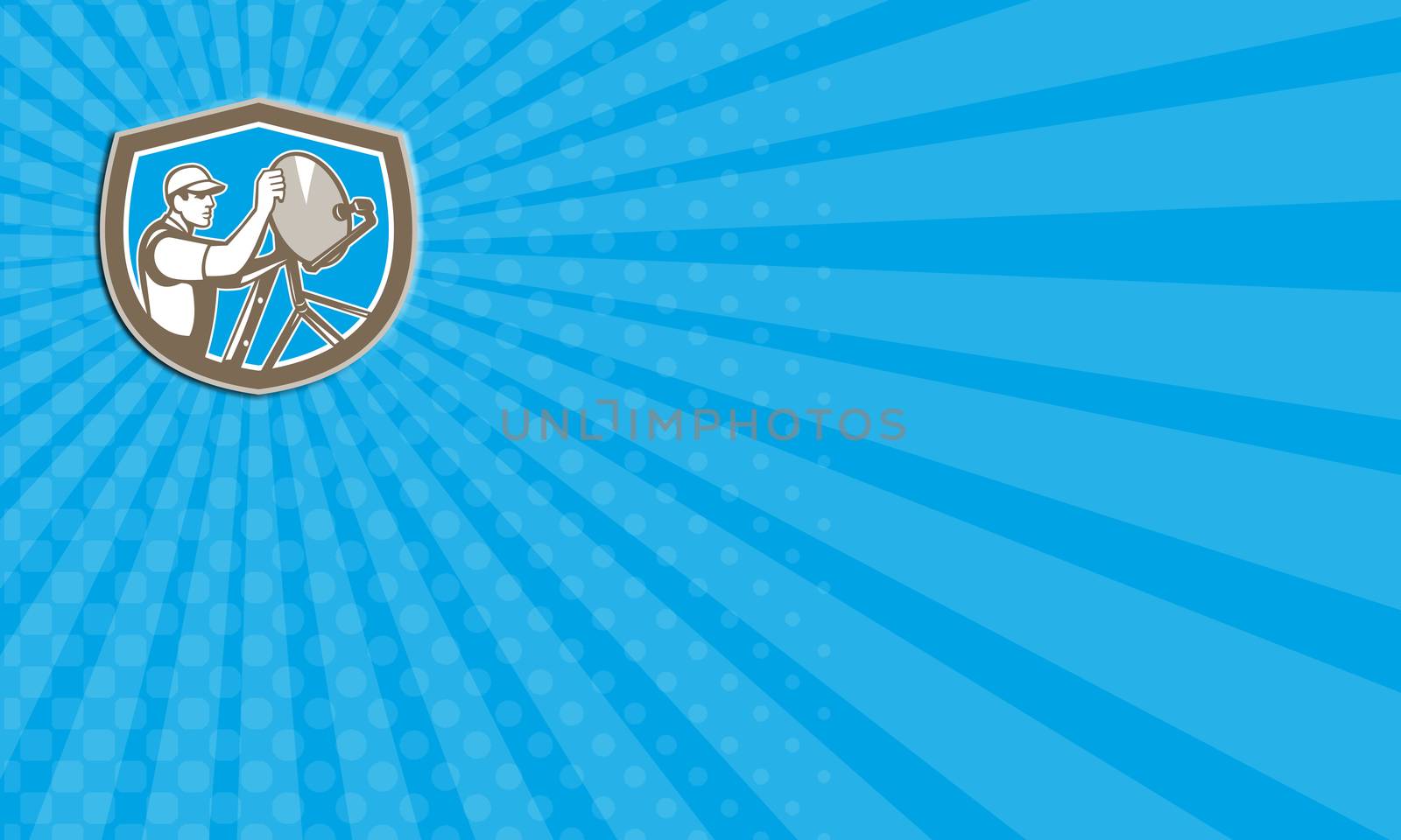 Business card showing illustration of a TV satellite dish installer set inside shield crest on isolated background done in retro style. 