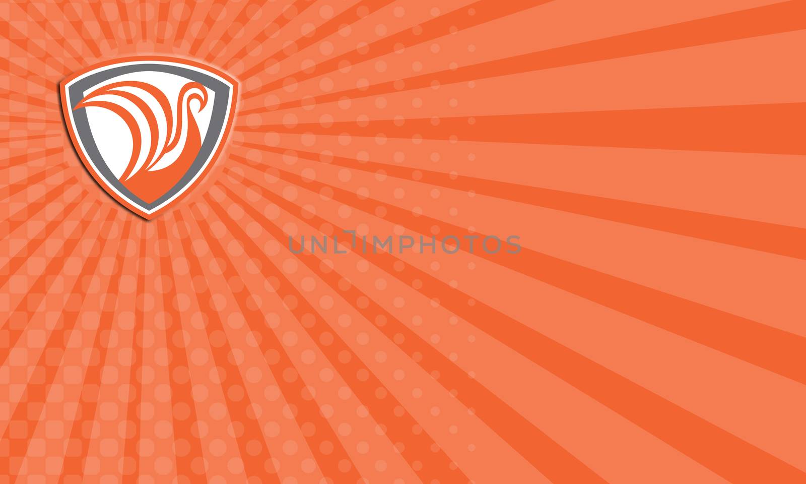 Business card showing illustration of a swan or a viking ship with sails viewed from side set inside shield crest done in retro style.