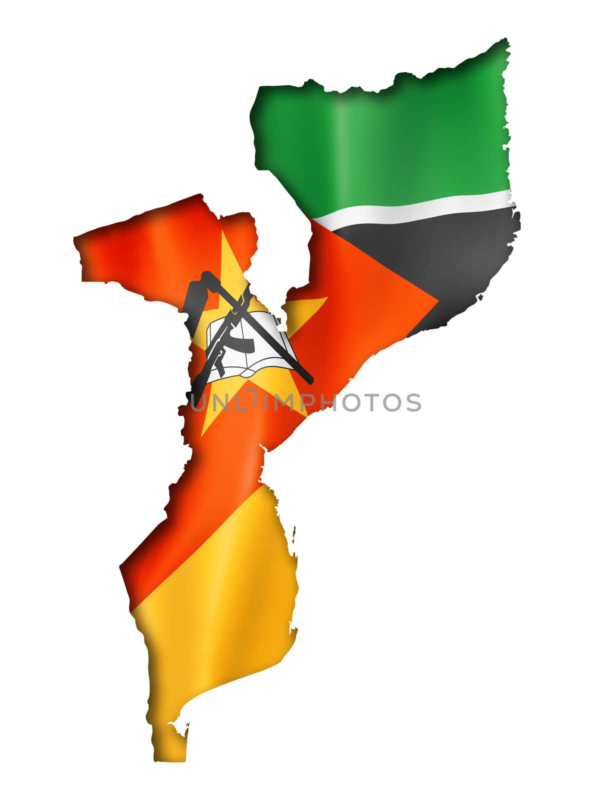 Mozambique flag map, three dimensional render, isolated on white