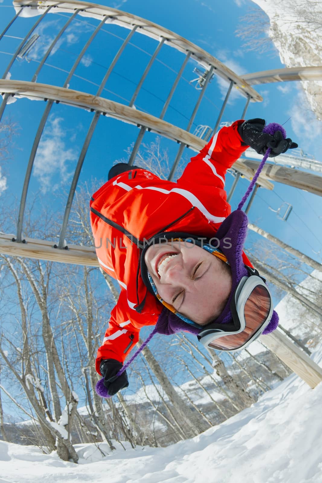 Hanging on the bars after skiing