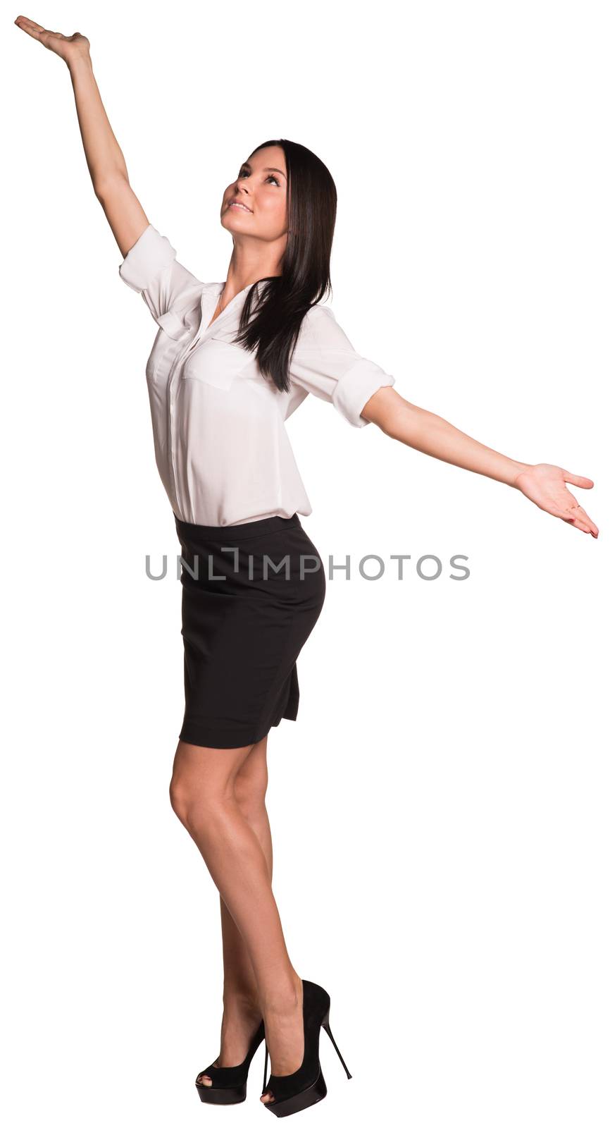 Beautiful businesswomen in blouse and skirt standing and opened her arms to the sides. Isolated on white background 