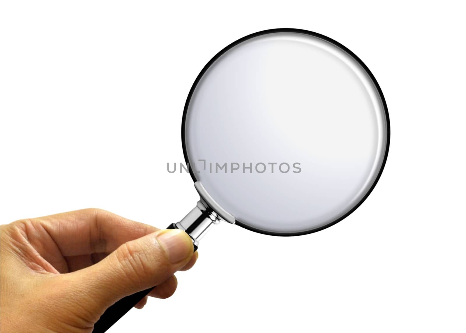 Hand Holding Magnifying Glass on White
