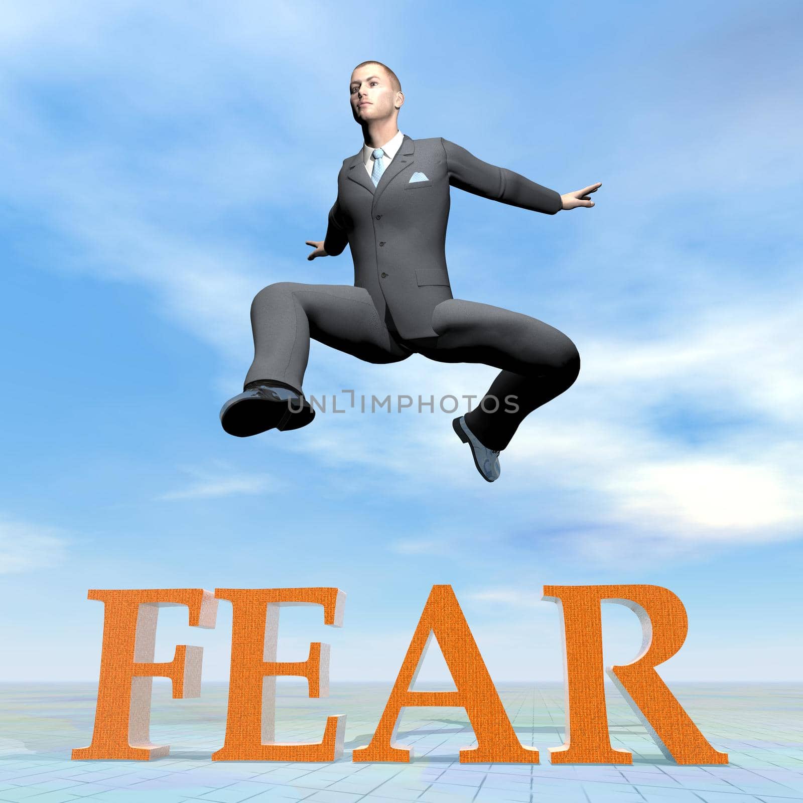 Businessman jumping upon fear word by beautiful day - 3D render
