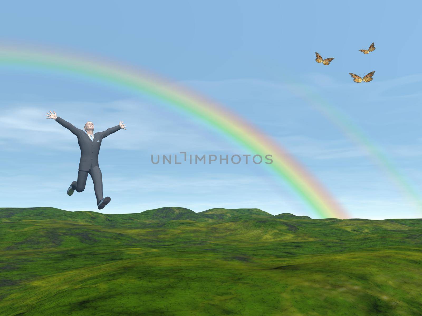 Happy businessman running in nature under a rainbow and next to butterfies - 3D render