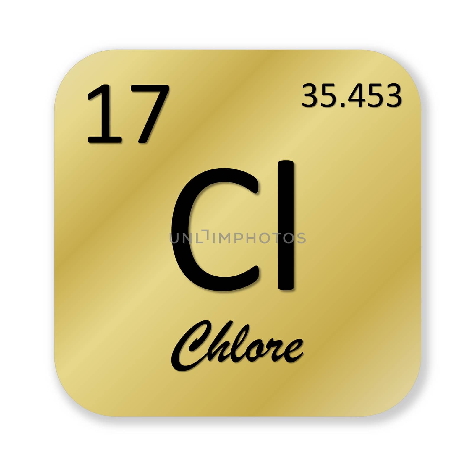 Black chlorine element, french chlore, into golden square shape isolated in white background