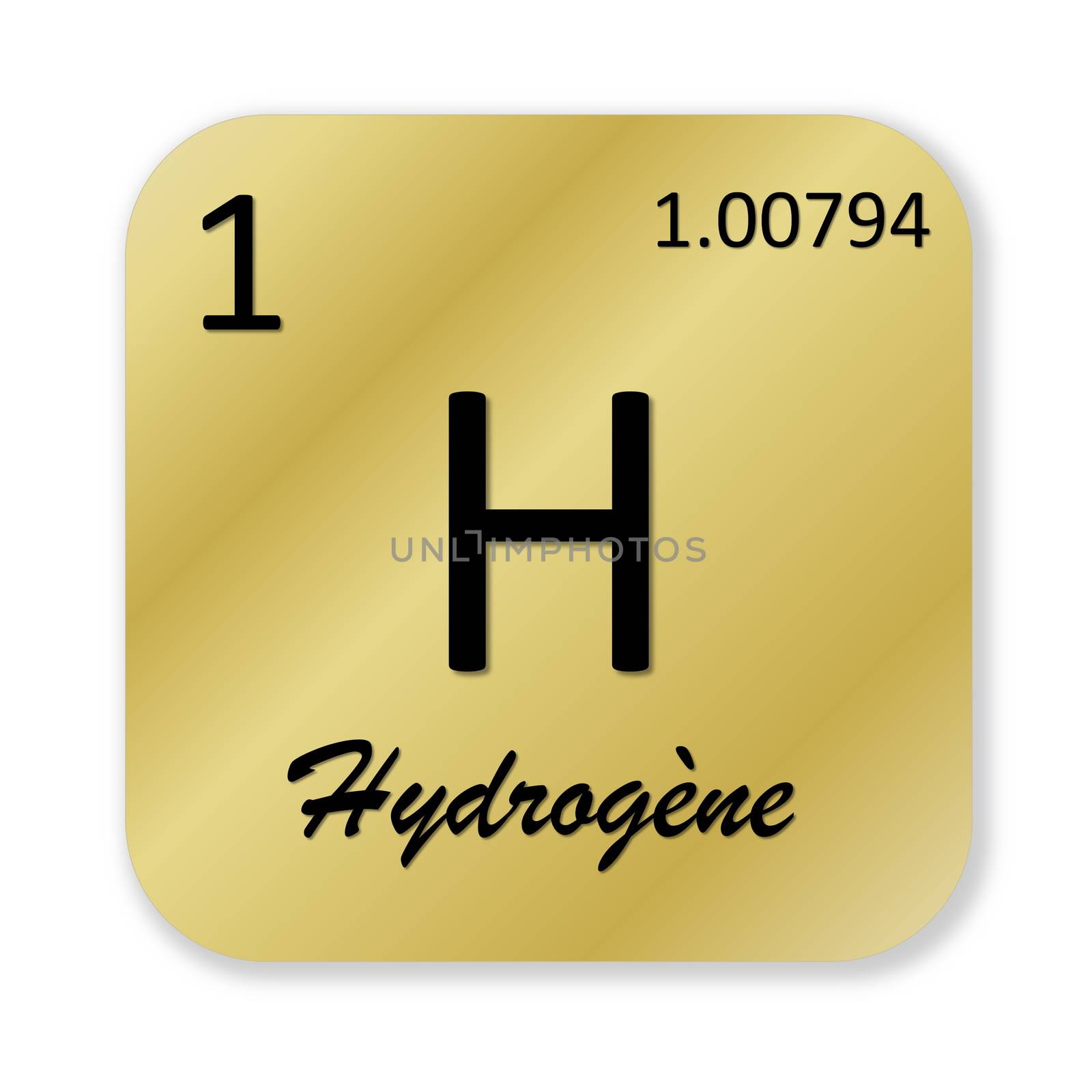 Black hydrogen element, french hydrogene, into golden square shape isolated in white background