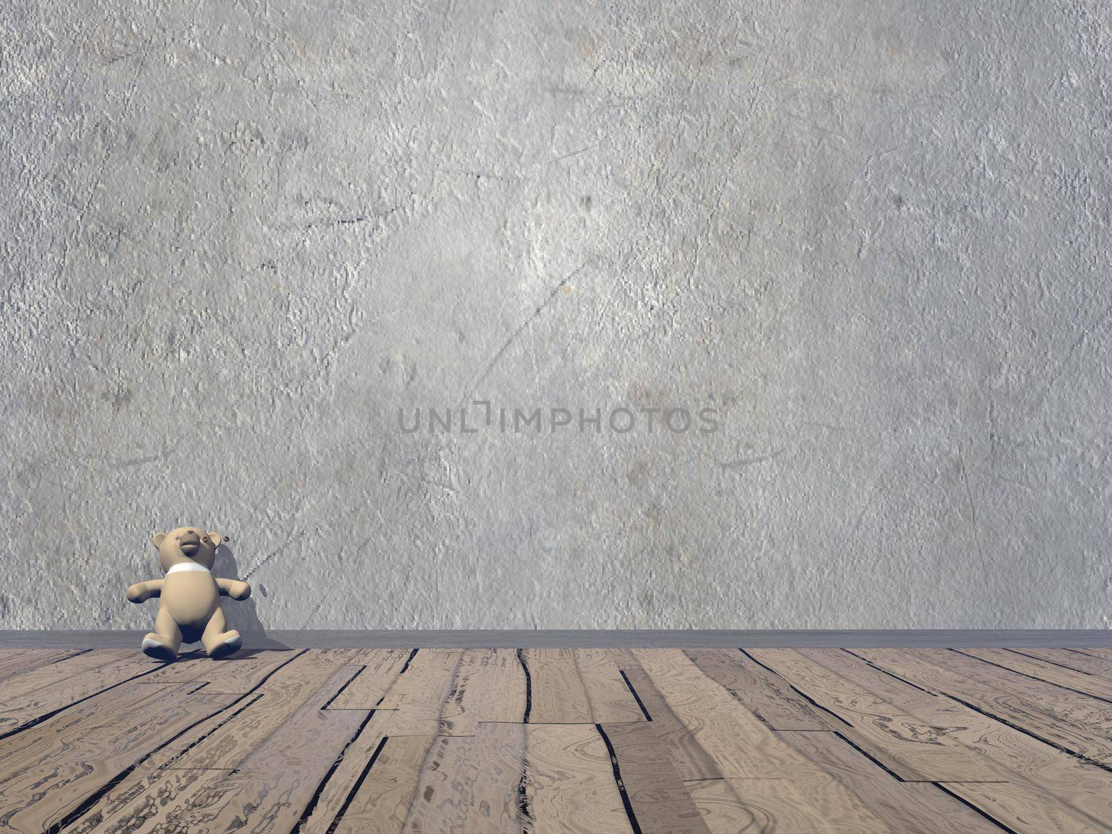 Small Teddy bear in old room with wooden floor - 3D render