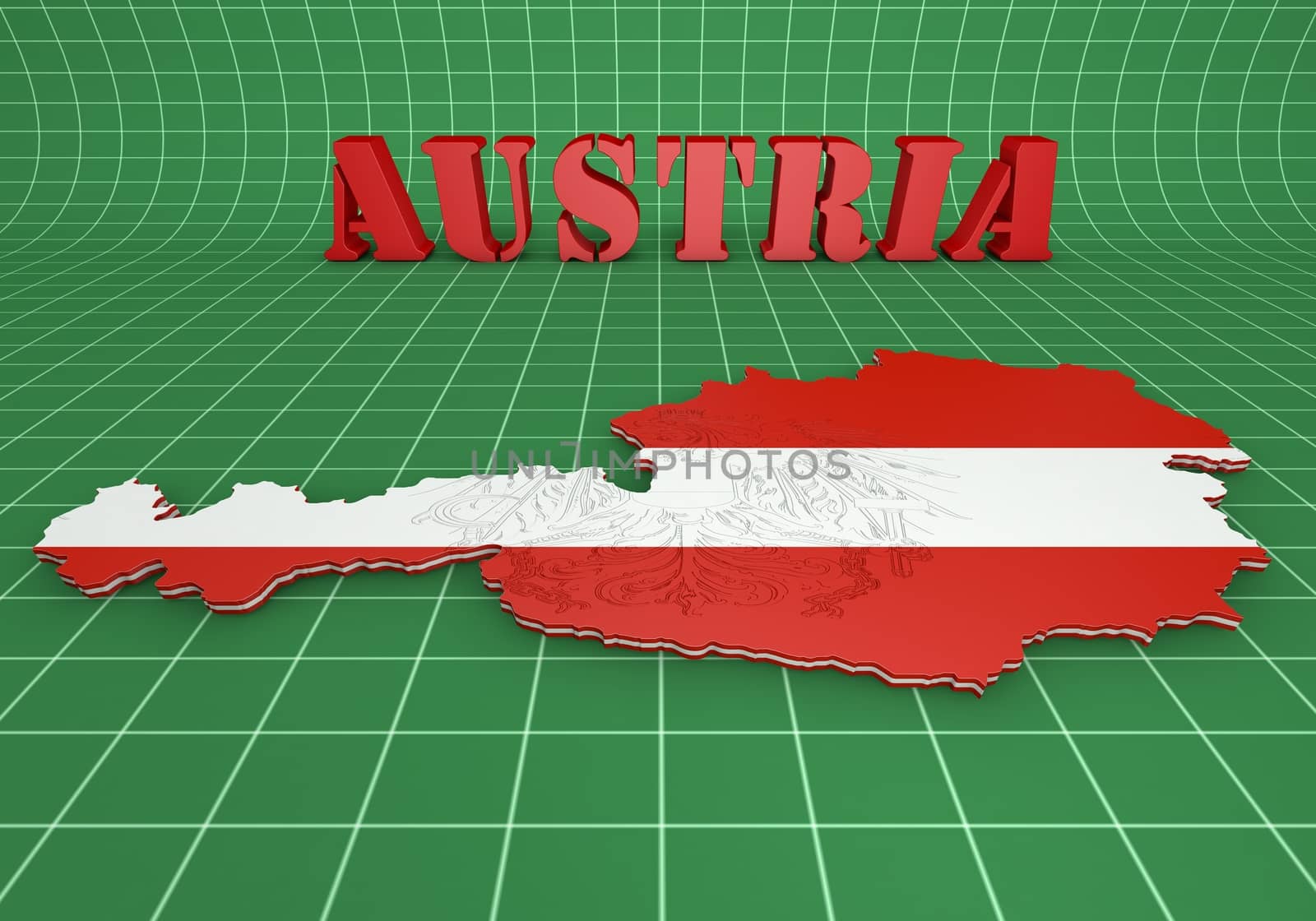 3D map illustration of Austria with flag and coat of arms
