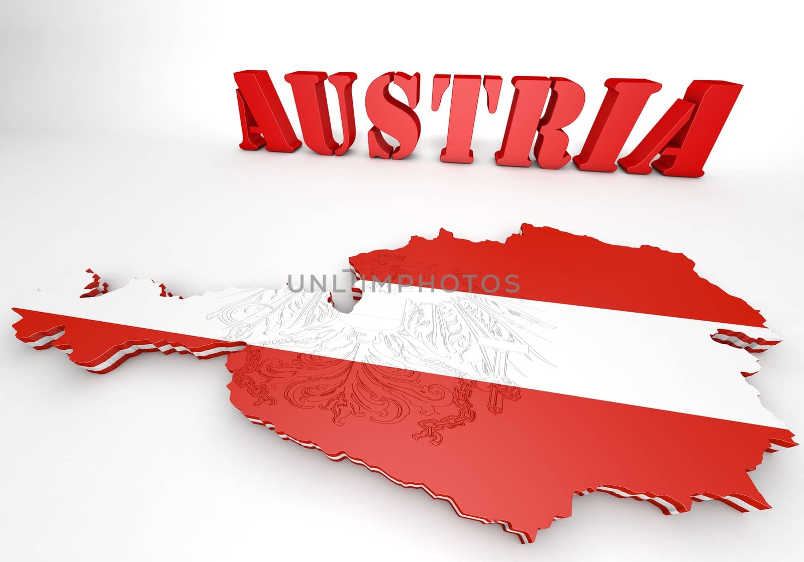 3D map illustration of Austria with flag and coat of arms
