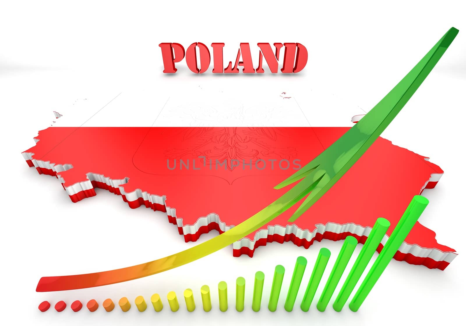 3D Map illustration of Poland with flag and coat of arms