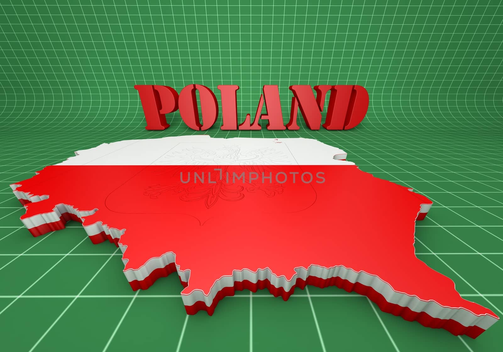 3D Map illustration of Poland with flag and coat of arms