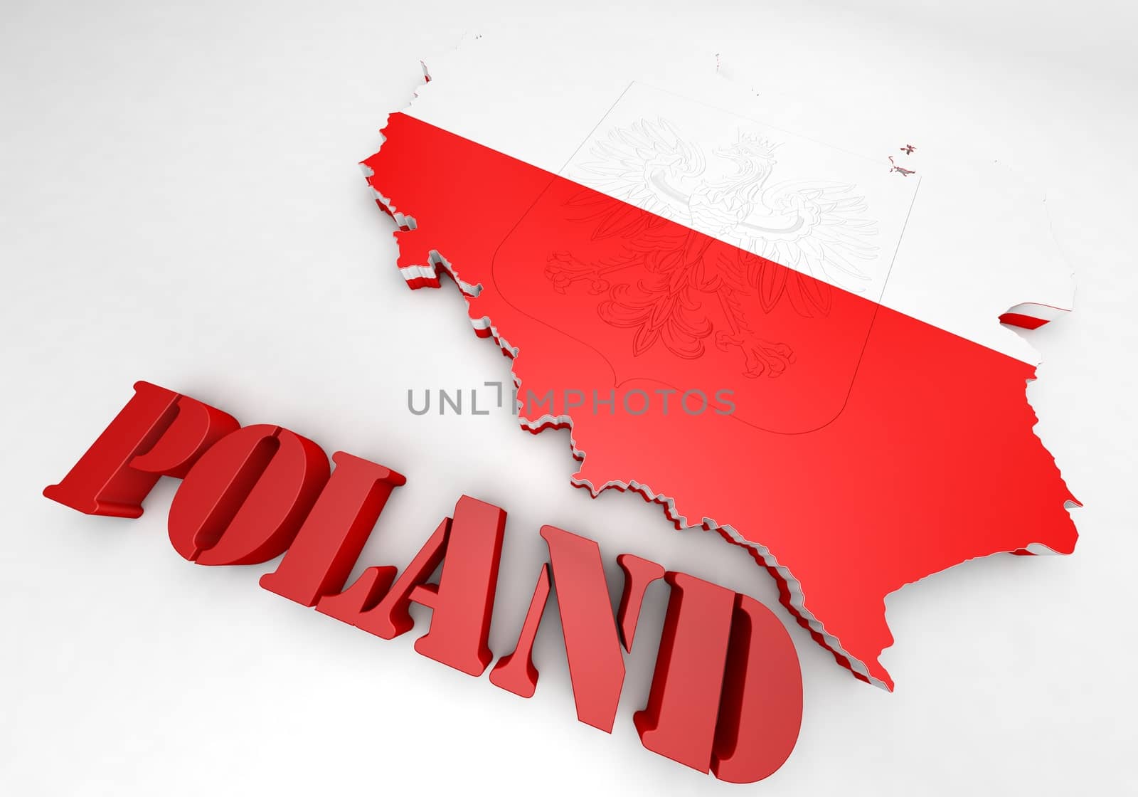 3D Map illustration of Poland with flag and coat of arms