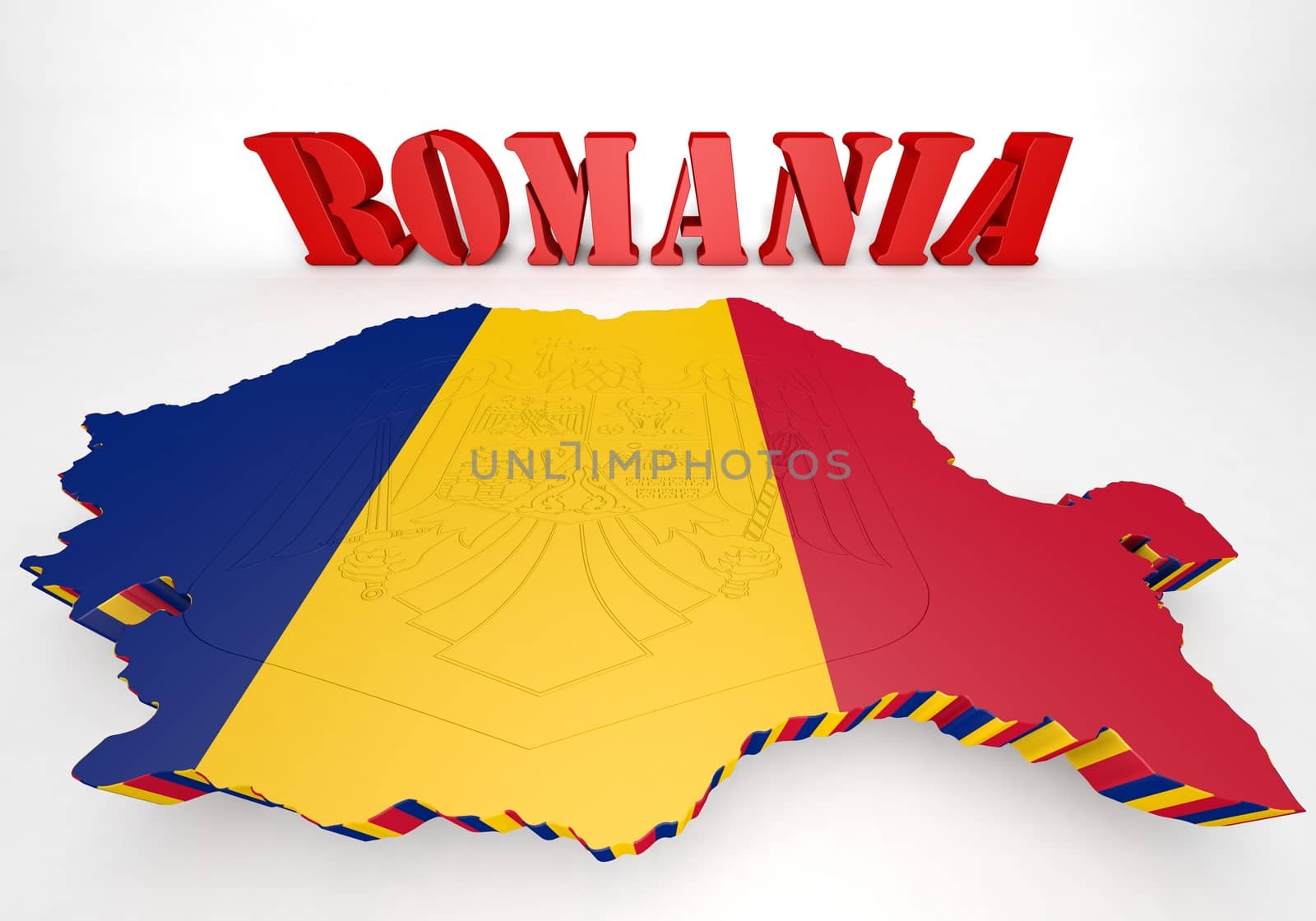 3D Map illustration of Romania   with flag and coat of arms