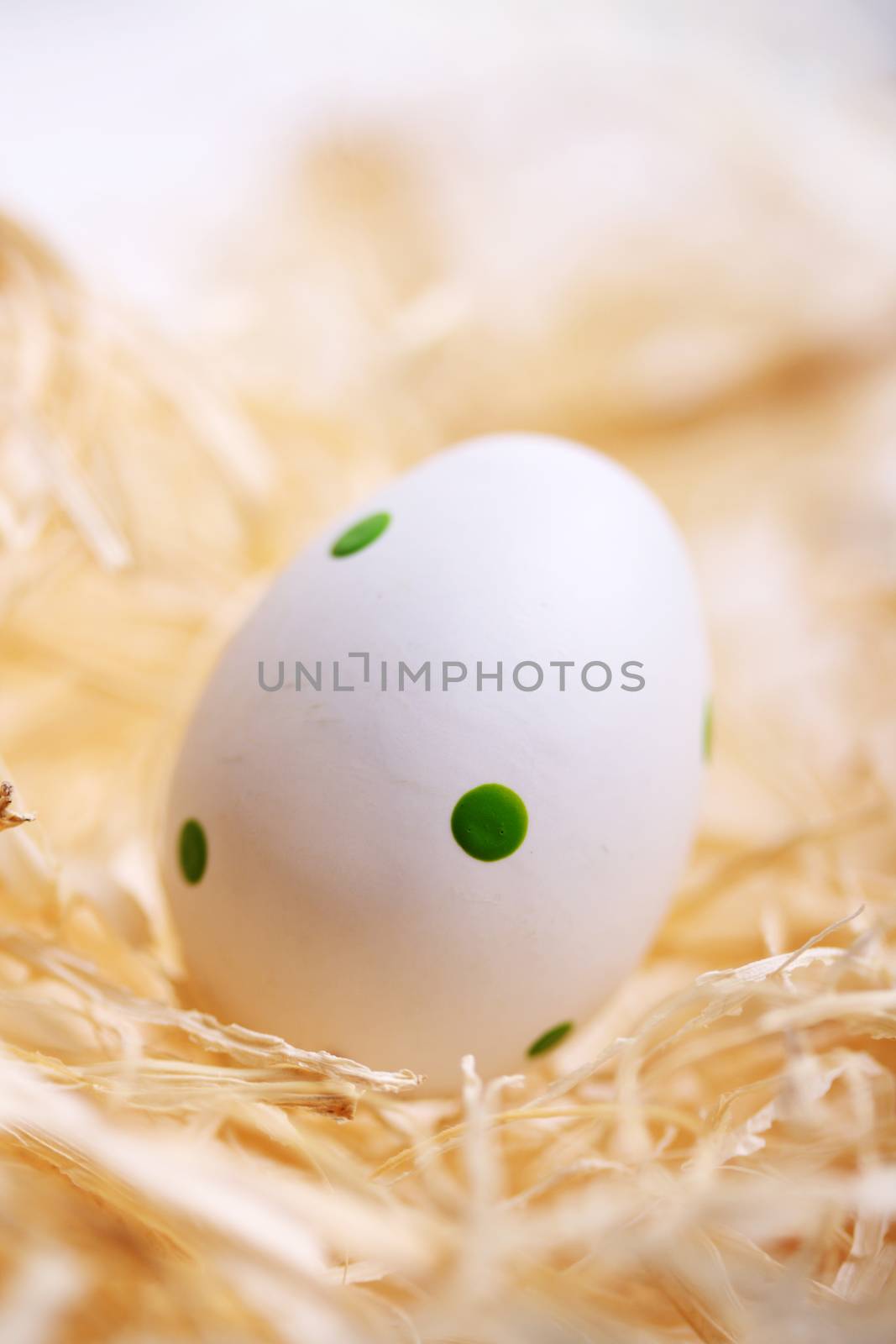 white easter egg with green spots on straw 