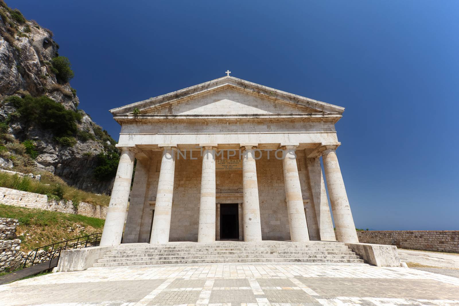 Ancient Hellenic temple in Kerkira, Corfu, Greece. Today it is St. George church. Public domain