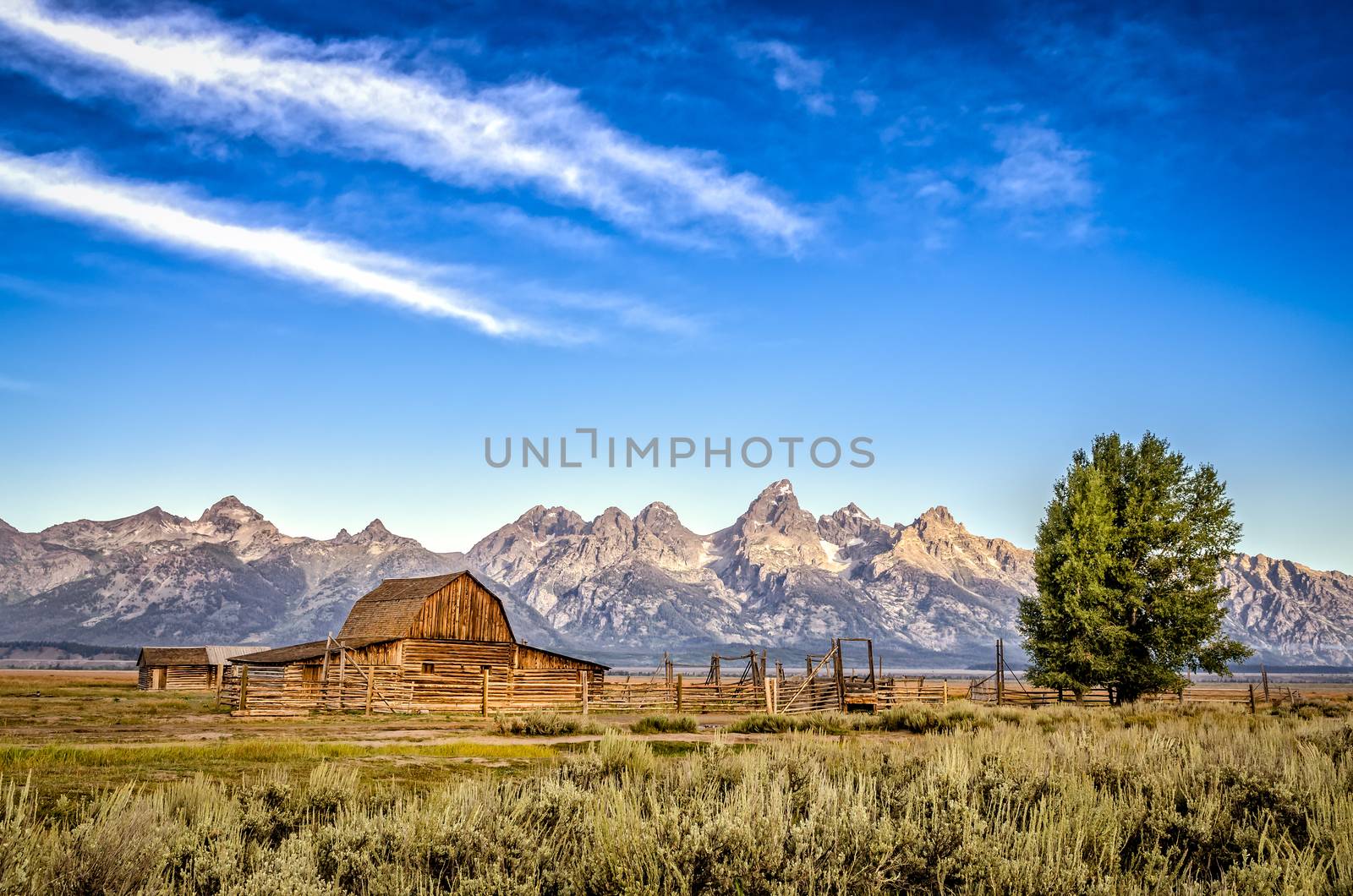 Scenic view of Grand Teton mountain range and abandoned barn by martinm303
