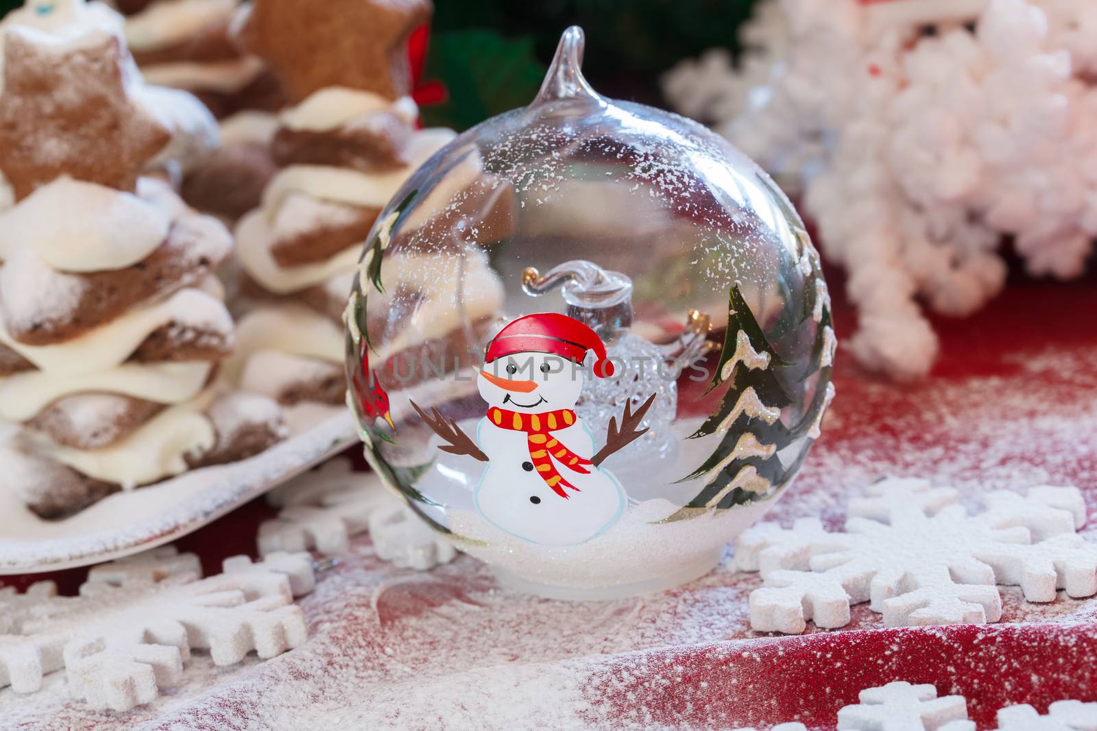 Glass Ball With Light Up Snowman Decoration against gingerbread Christmas tree on festive table