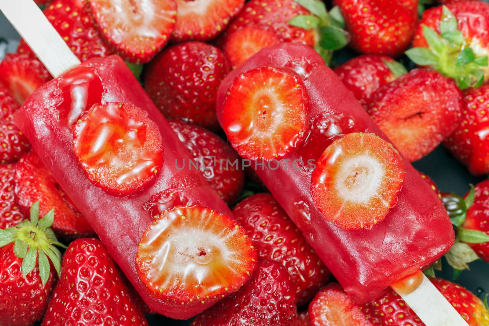 Strawberry Ice Cream Popsicle. Macro, selective focus