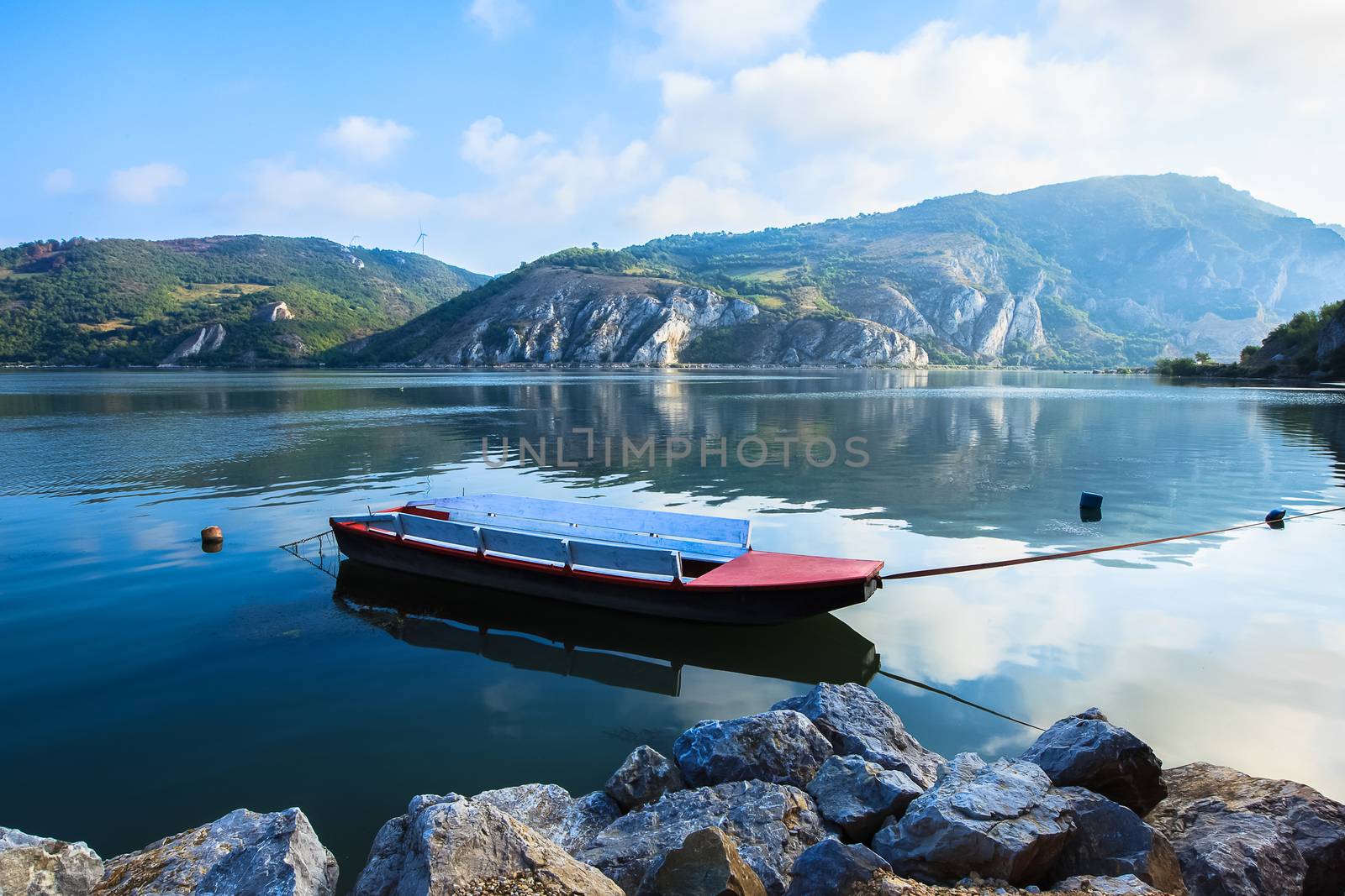 River Danube entry in National Park Djerdap in Serbia. Foggy morning on the Danube. Djerdap National Park and the river Danube. Golubac. Danube is the widest in its entire course in Golubac,