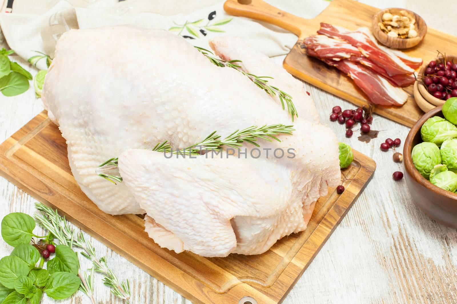 Whole raw turkey on wooden cutting board with vegetables, ham and spices.Preparing Thanksgiving Dinner with Turkey and ingredients such as bacon, vegetables, nuts, cranberries, pomegranate, spices