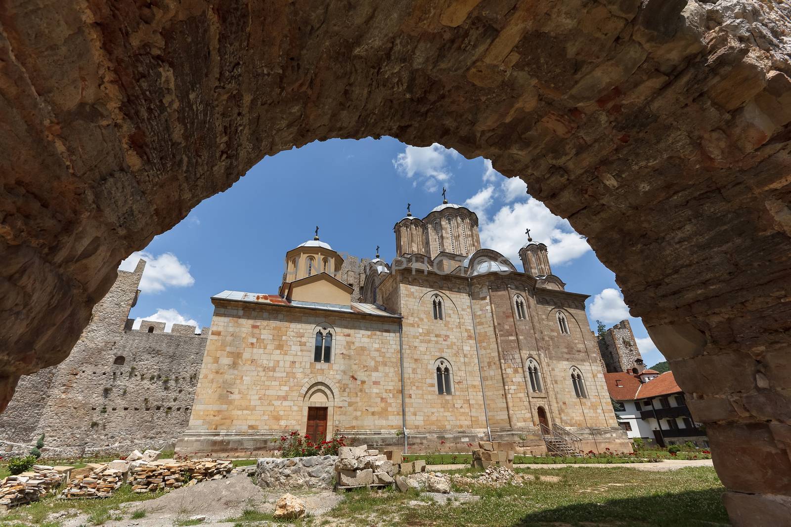 XV century built by Despot Stefan Lazarevic (Prince Stefan): Church of Holy Trinity, fortification walls . Orthodox Serbian monastery near Despotovac city, Serbia