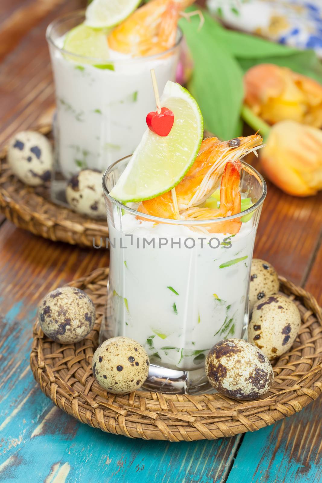 Shrimp, avocado and Lime Panna Cotta for Easter. Macro, selective focus