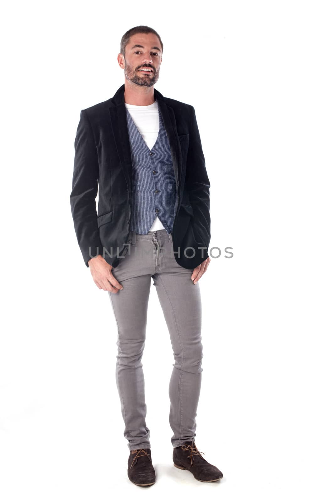 man in jacket in front of white background