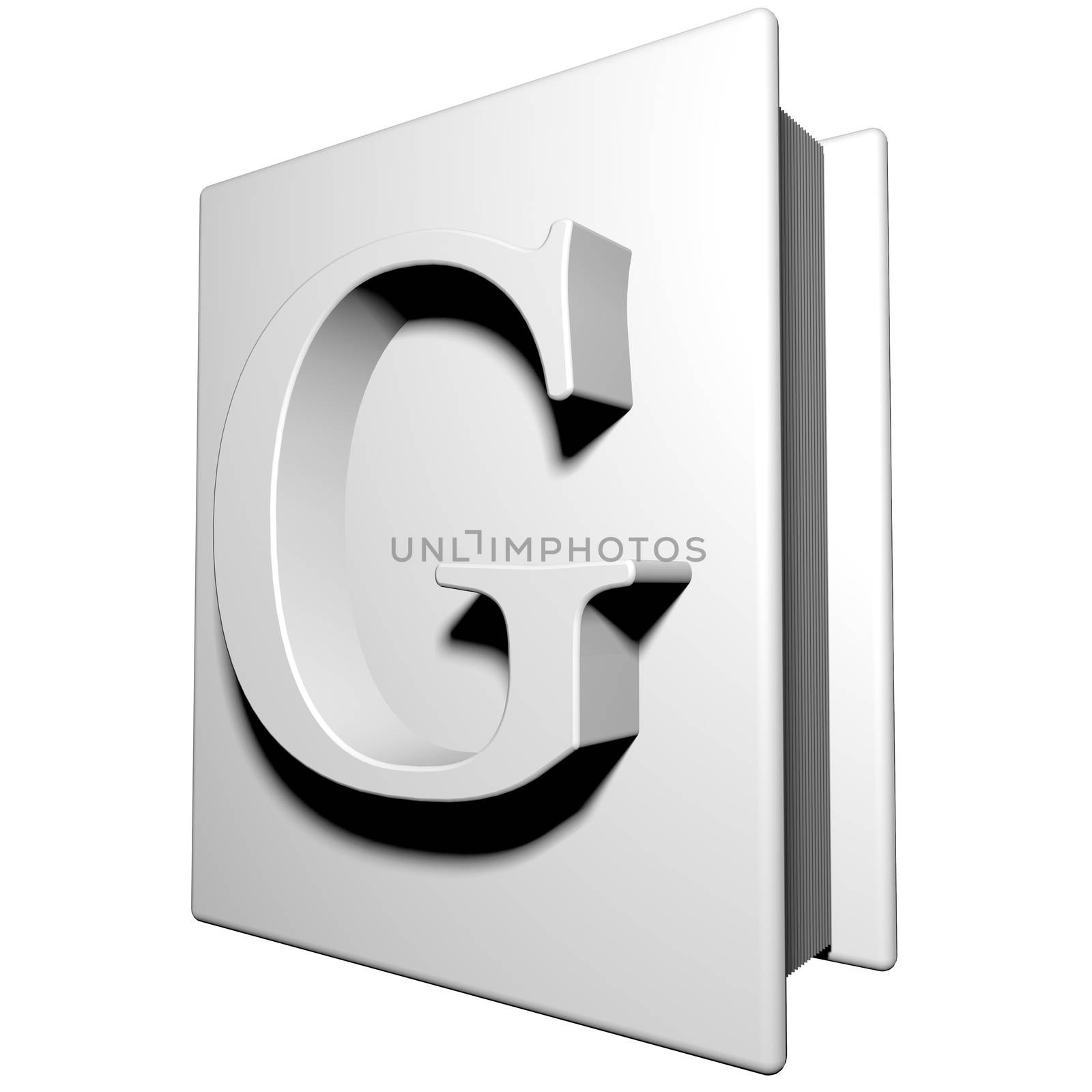 Book with letter G on the cover, 3d render