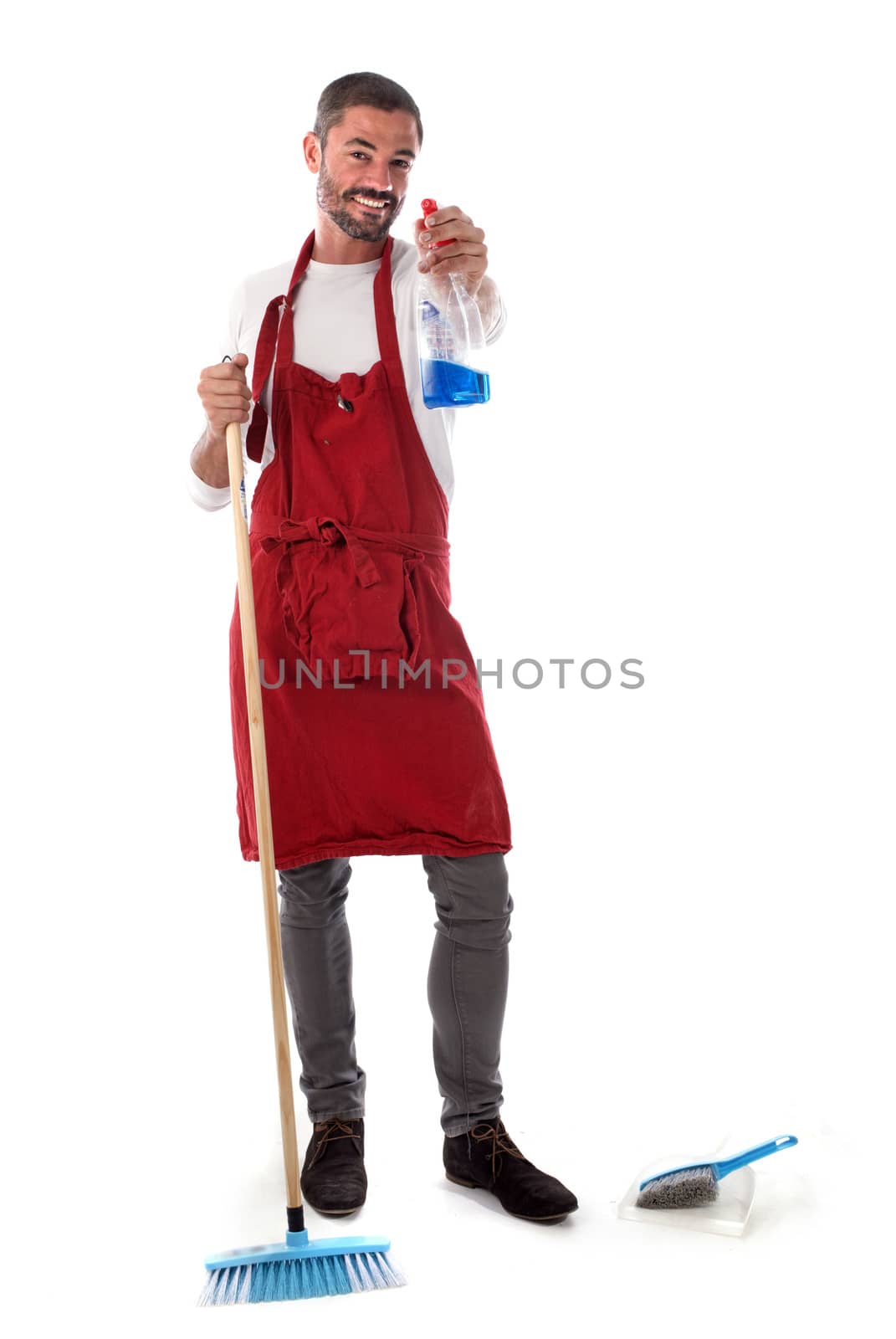 man with cleaning equipment in front of white background