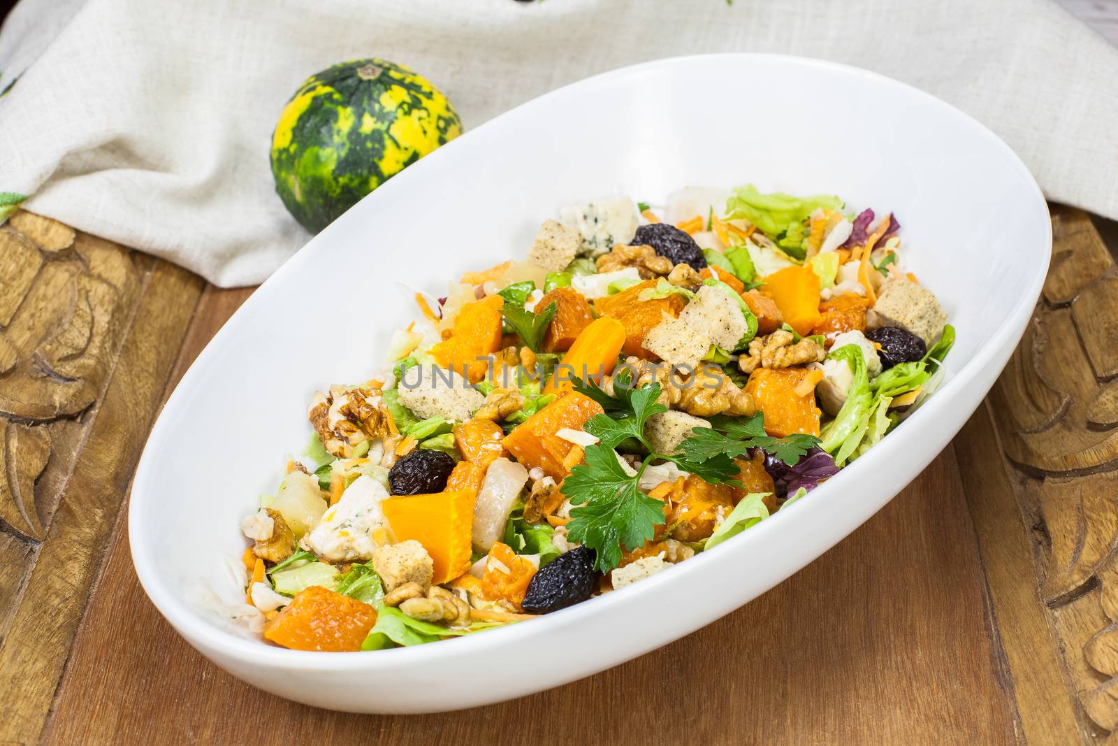 Pumpkin, Walnuts and Goat Cheese Salad. Viewed from above