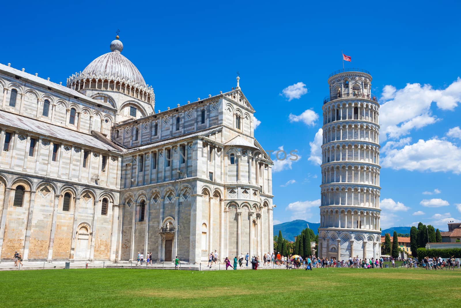 Pisa, Italy - August 11, 2013: Pisa, Pisa tower and cathedral on Piazza del Duomo, Italy