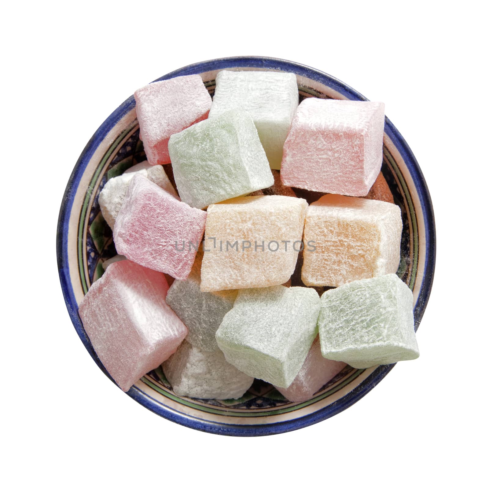 Bowl with turkish delight, isolated over white