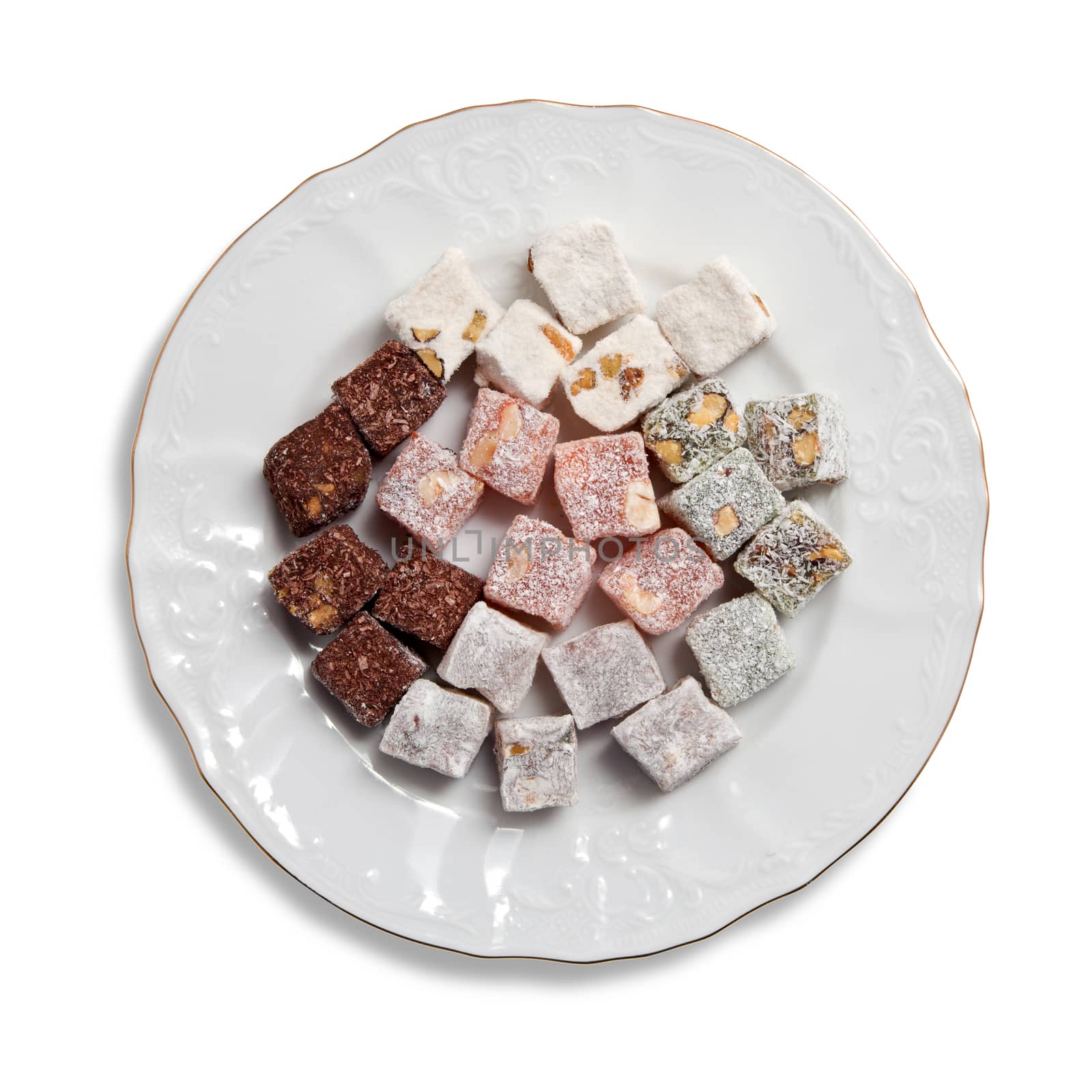 Plate with turkish delight, view from above