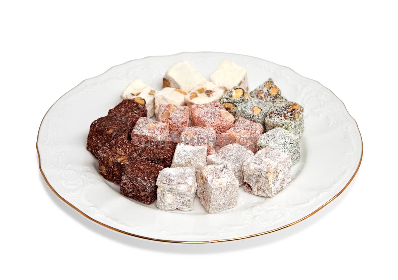 Plate with turkish delight, view from above